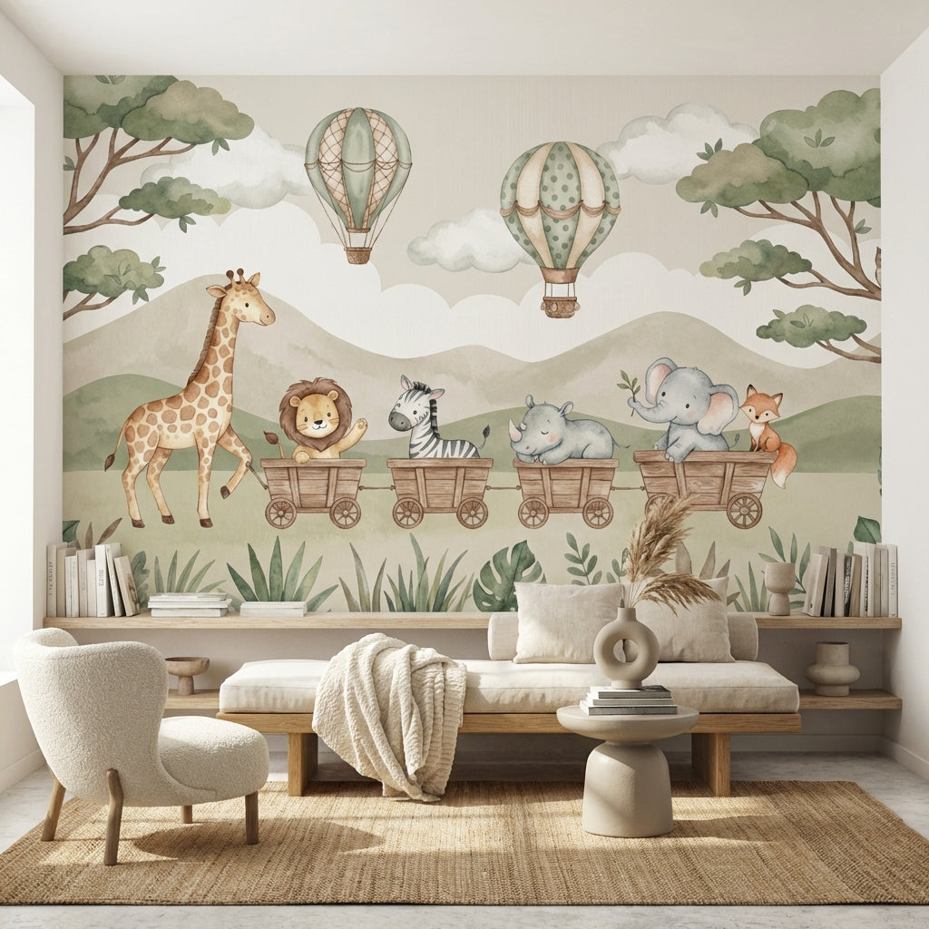 Safari Hayvanlı Poster Duvar Kağıdı Pastel Yeşil Çocuk Odası