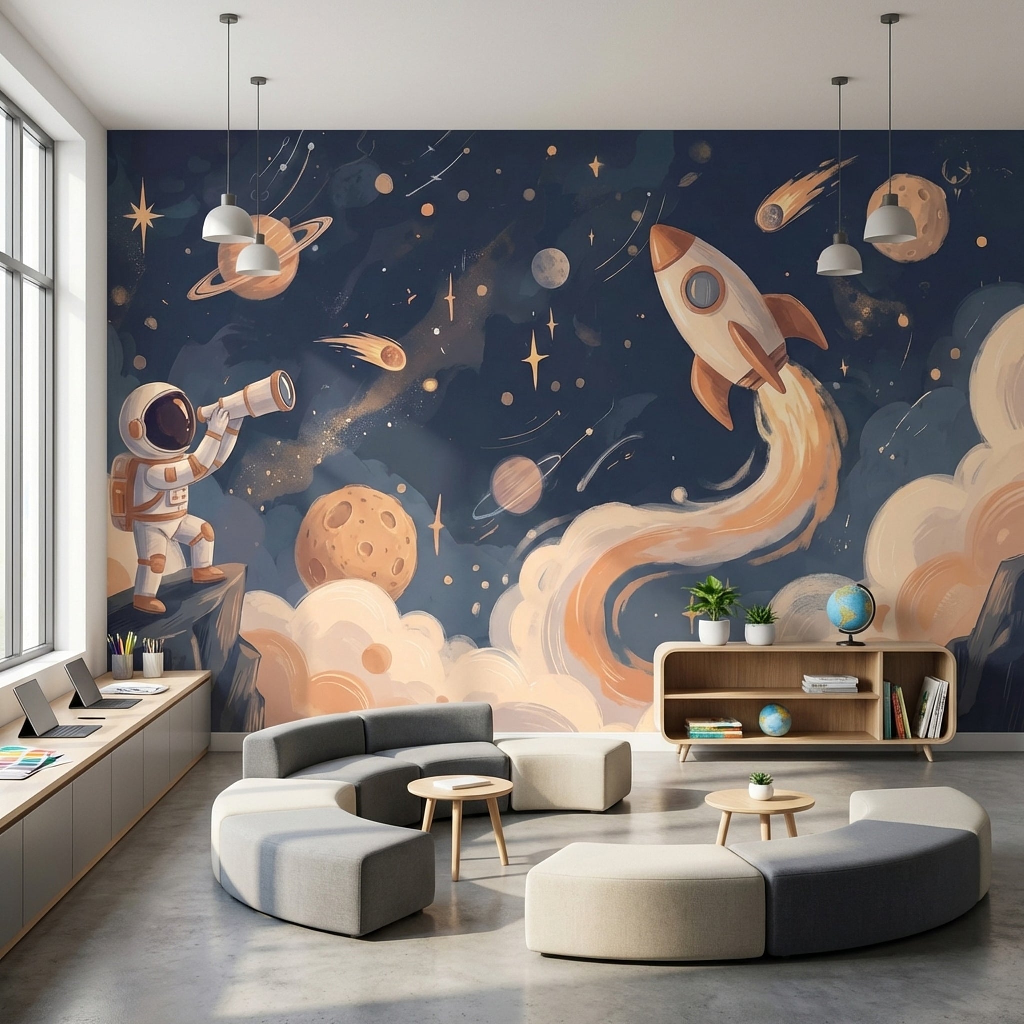 Roket ve Astronot Poster Duvar Kağıdı Lacivert Çocuk Odası