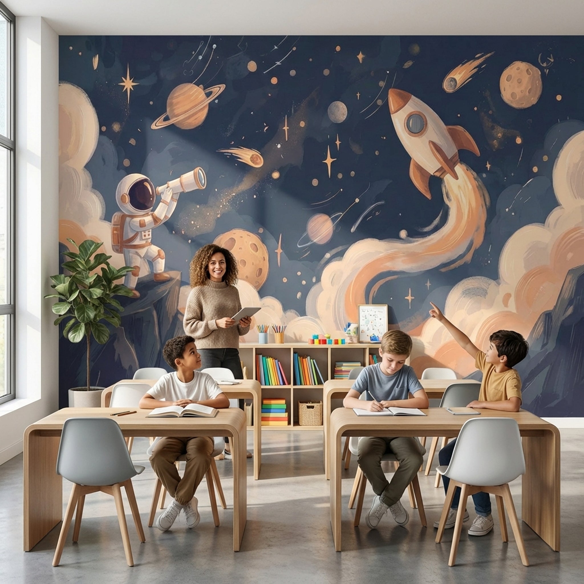 Roket ve Astronot Poster Duvar Kağıdı Lacivert Çocuk Odası