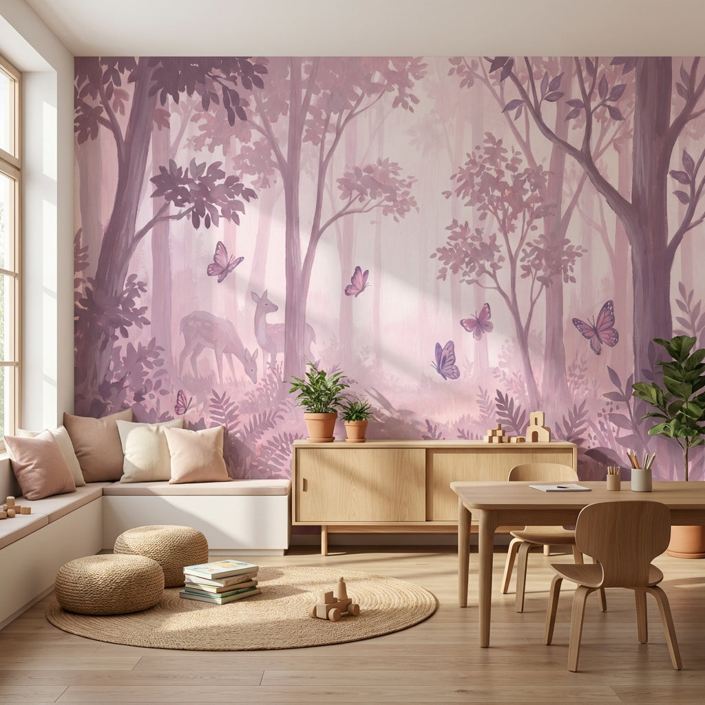 Pembe Sisli Orman Poster Duvar Kağıdı Kelebekli Çocuk Odası
