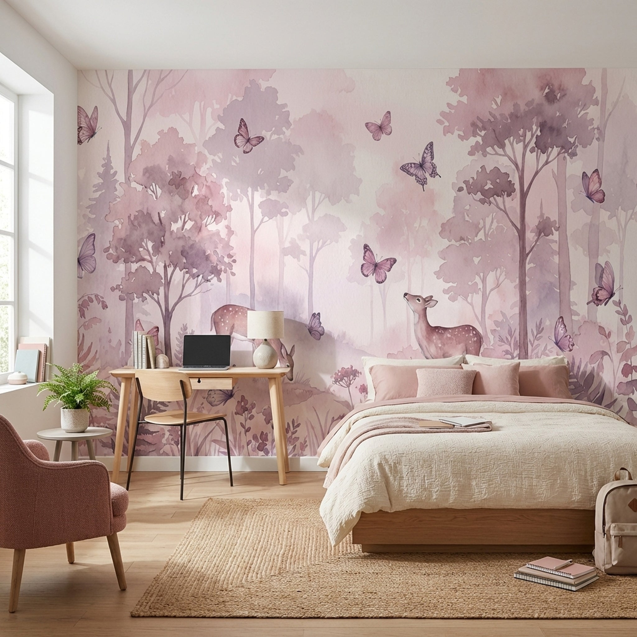 Pembe Orman Geyikli Poster Duvar Kağıdı Çocuk Odası