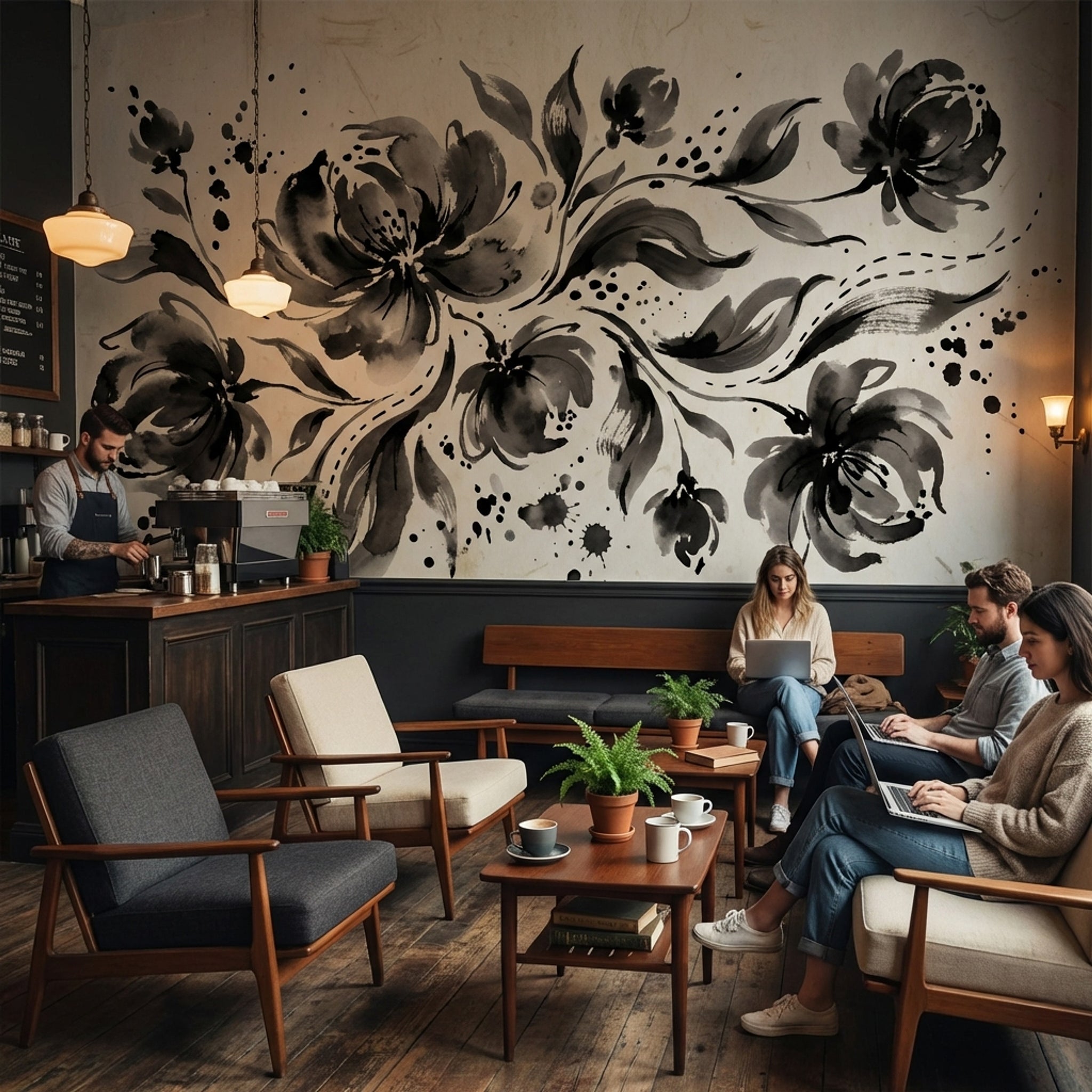 Siyah Mürekkep Çiçekli Poster Duvar Kağıdı Bej Salon
