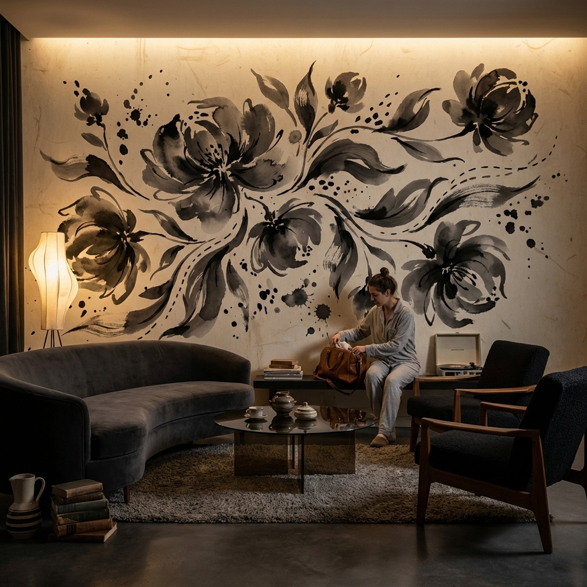 Siyah Mürekkep Çiçekli Poster Duvar Kağıdı Bej Salon