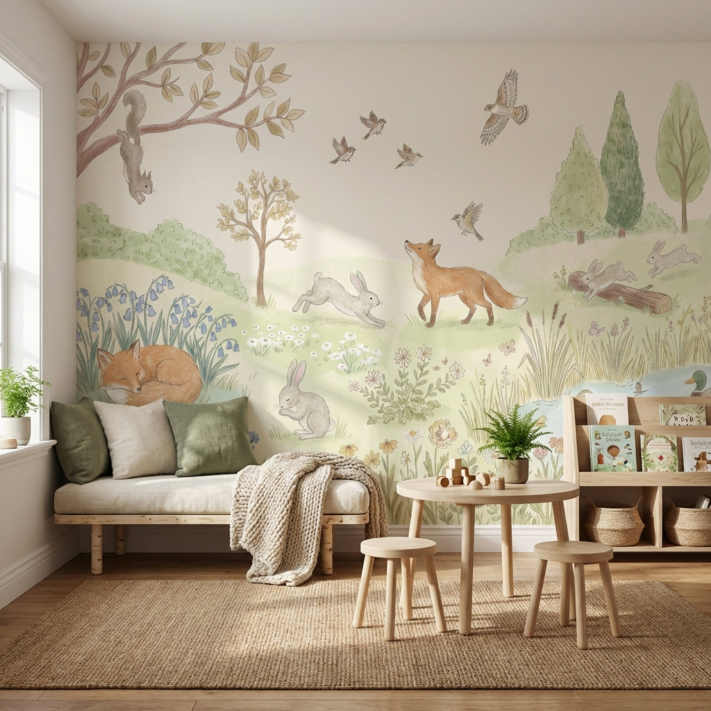 Orman Hayvanlı Poster Duvar Kağıdı Pastel Çocuk Odası