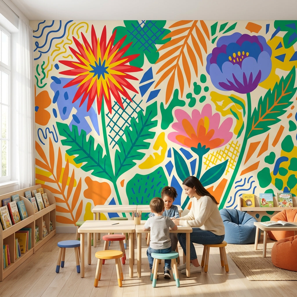 Renkli Çiçek Desenli Poster Duvar Kağıdı Modern Salon Dekoru
