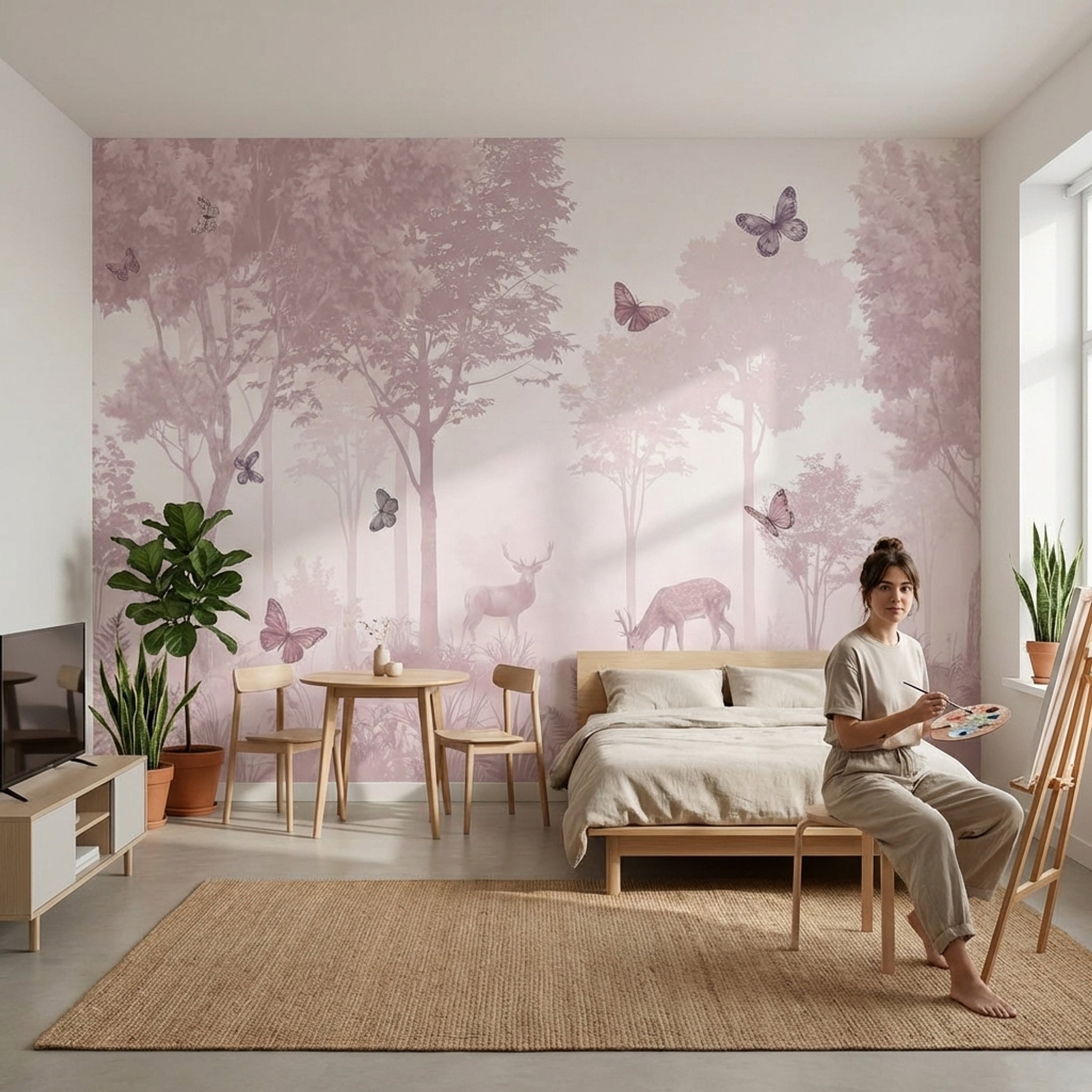 Pudra Orman ve Kelebekli Poster Duvar Kağıdı Salon