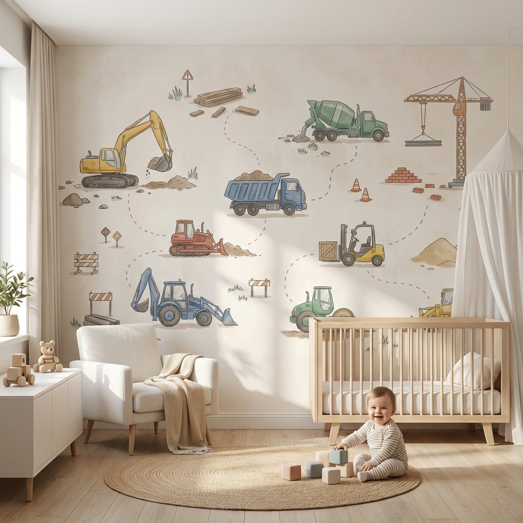 İnşaat Araçları Poster Duvar Kağıdı Pastel Çocuk Odası Desenli