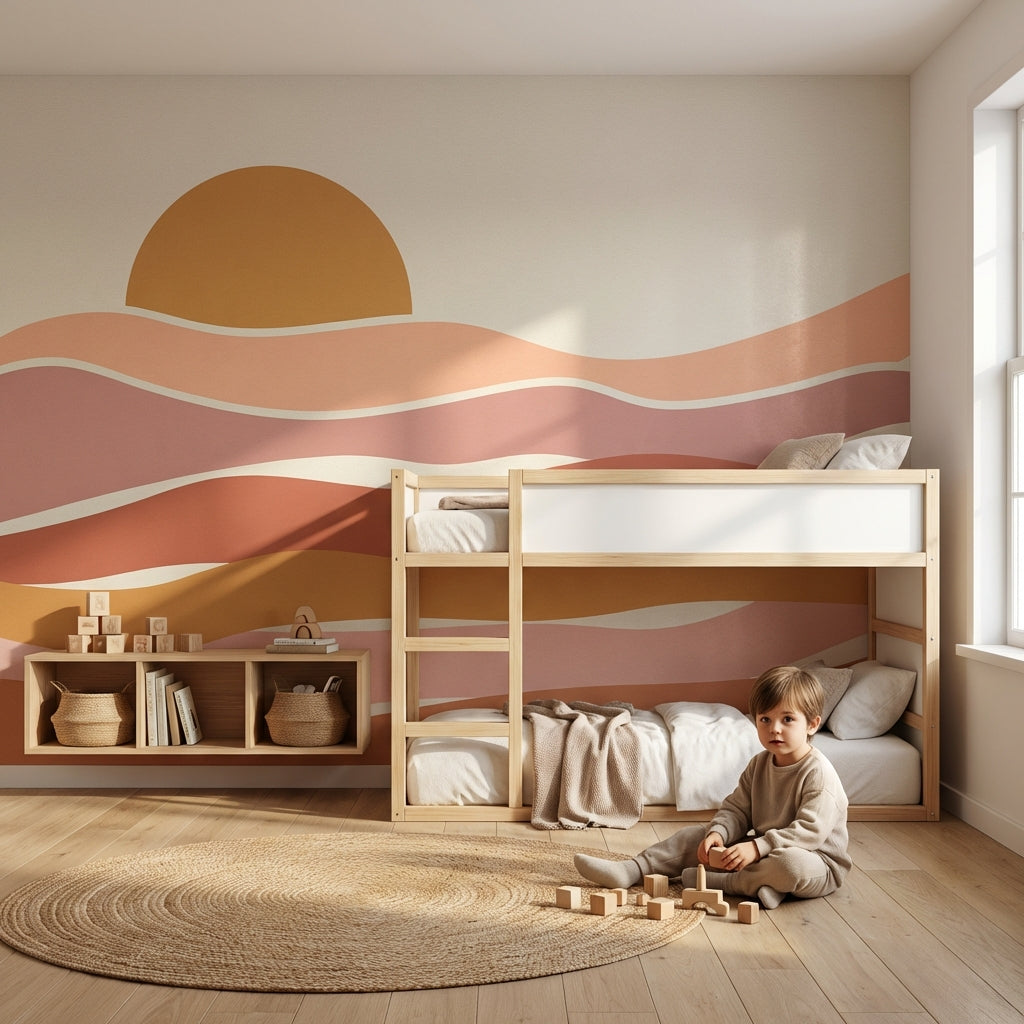 Gün Doğumu Dalgalı Poster Duvar Kağıdı Bej Terracotta Çocuk Odası