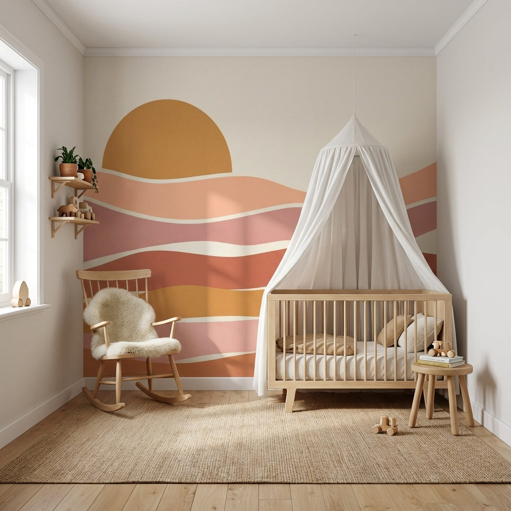 Gün Doğumu Dalgalı Poster Duvar Kağıdı Bej Terracotta Çocuk Odası