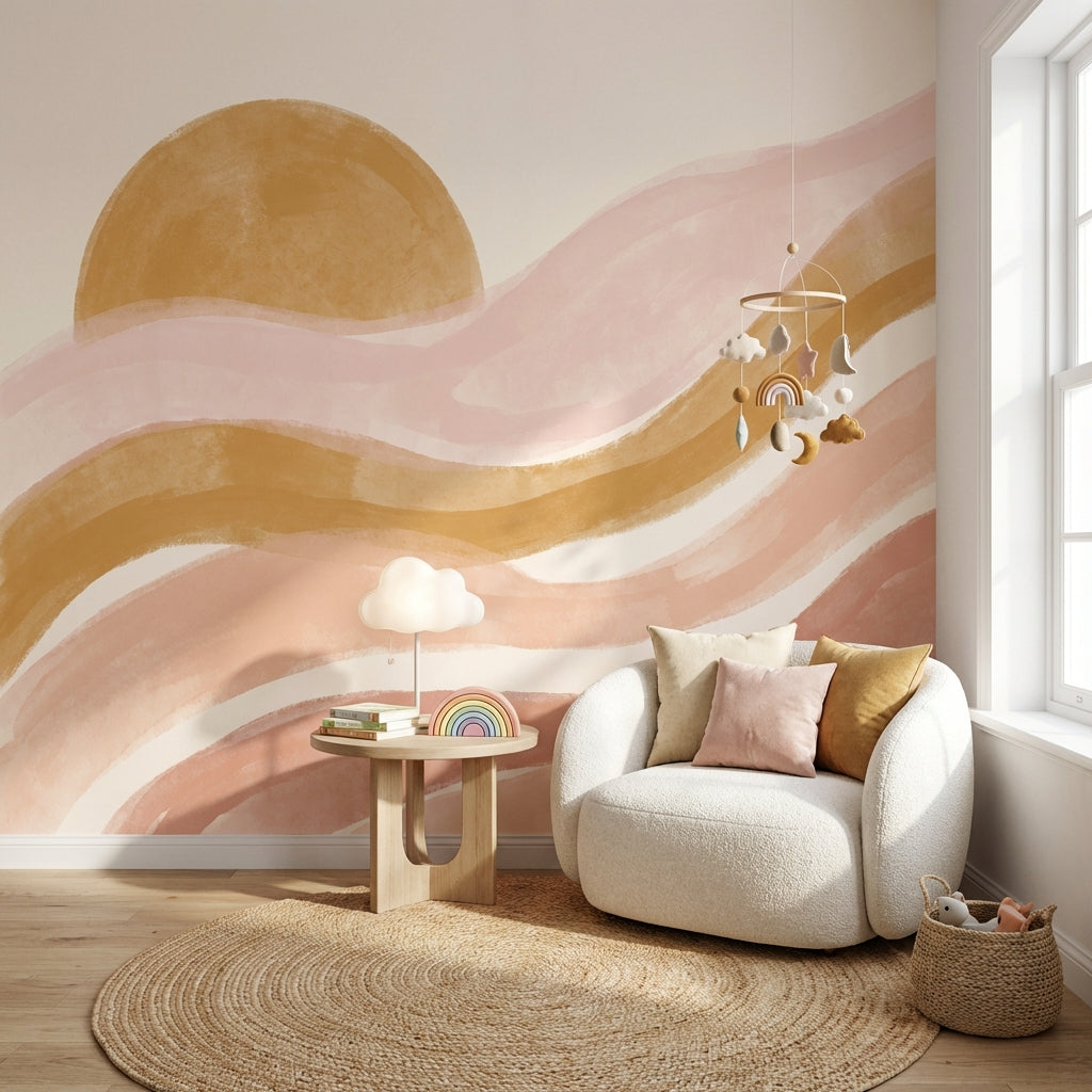 Gün Batımı Soyut Poster Duvar Kağıdı Pudra Bej Bebek Odası