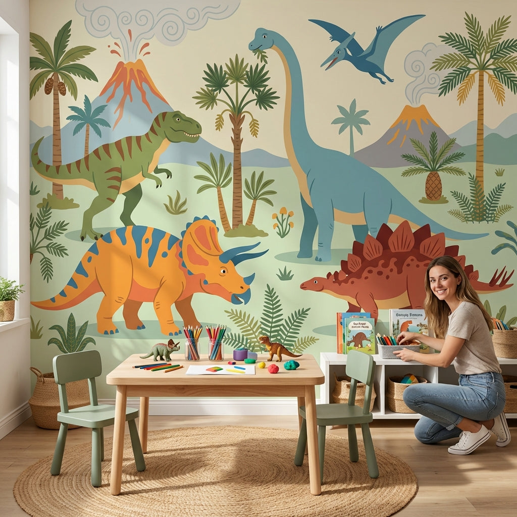Dinozor Temalı Poster Duvar Kağıdı Pastel Yeşil Çocuk Odası