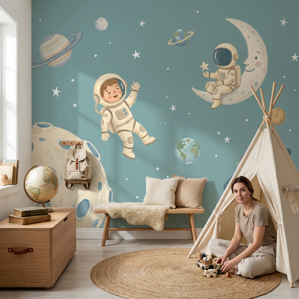 Astronot ve Ay Poster Duvar Kağıdı Mavi Çocuk Odası