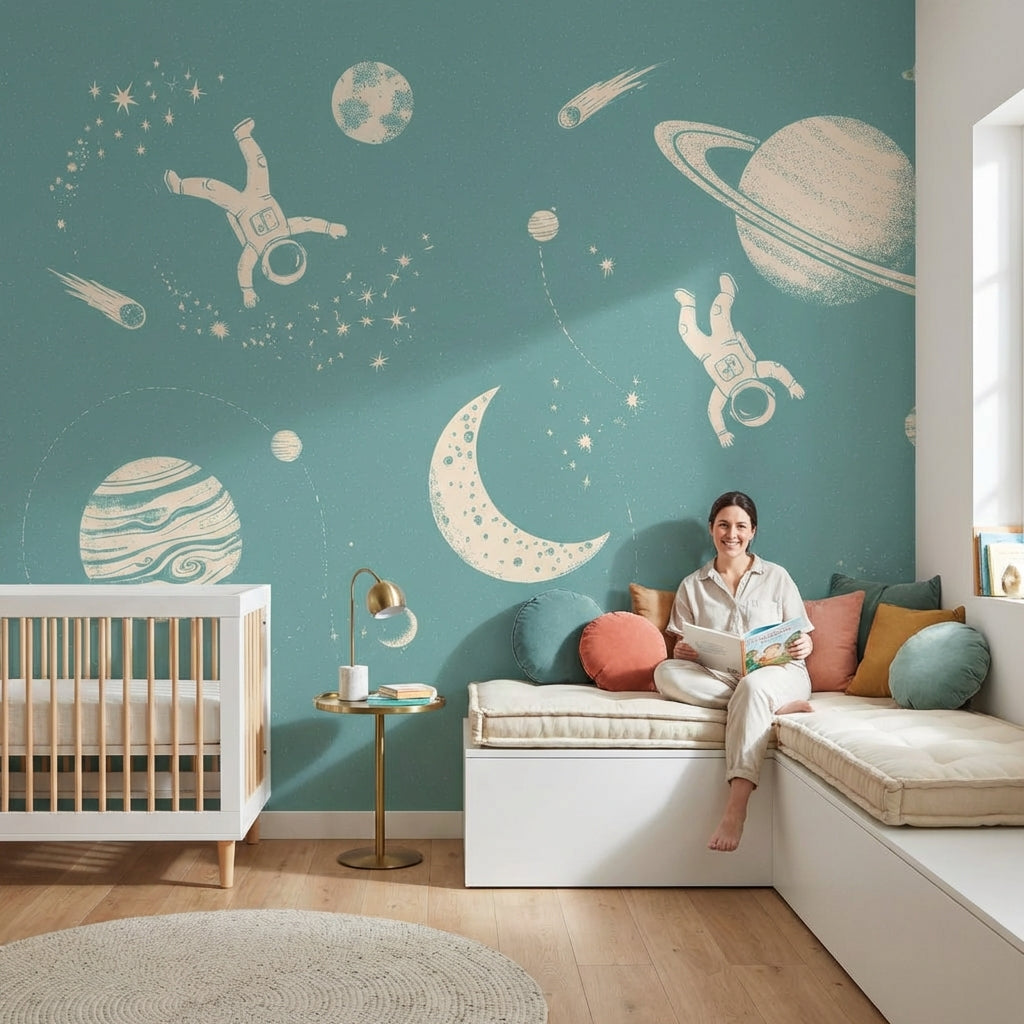 Astronot ve Gezegenli Poster Duvar Kağıdı Turkuaz Genç Odası
