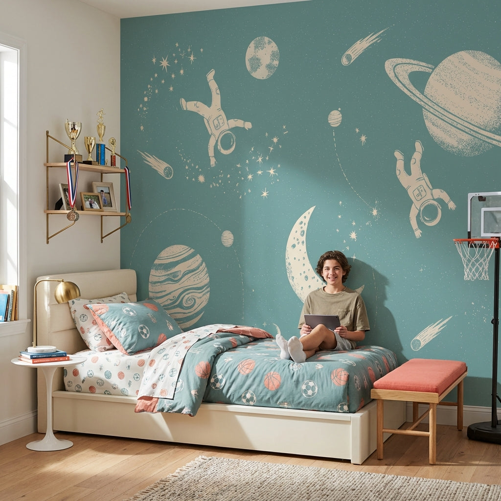 Astronot ve Gezegenli Poster Duvar Kağıdı Turkuaz Genç Odası