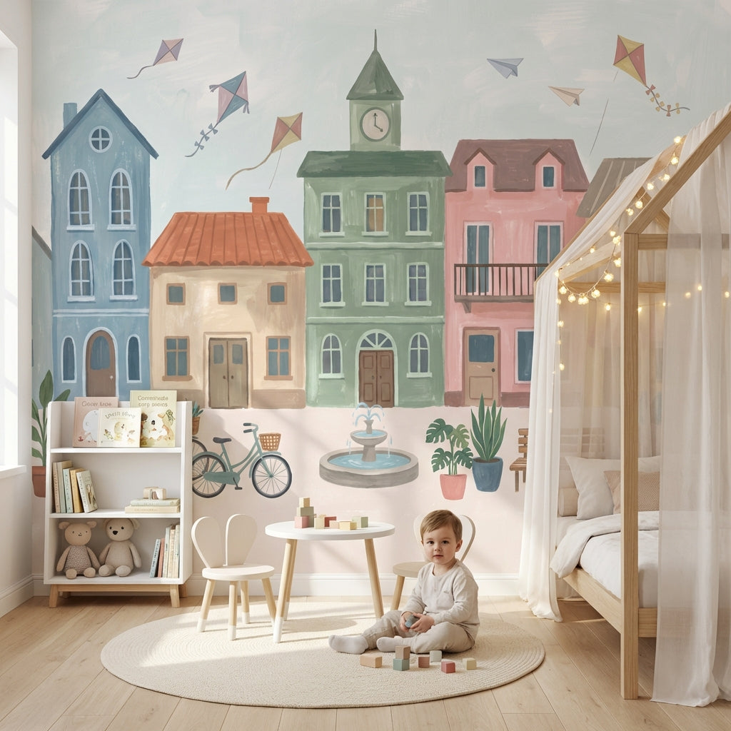 Pastel Şehir Evleri Poster Duvar Kağıdı Bebek Odası