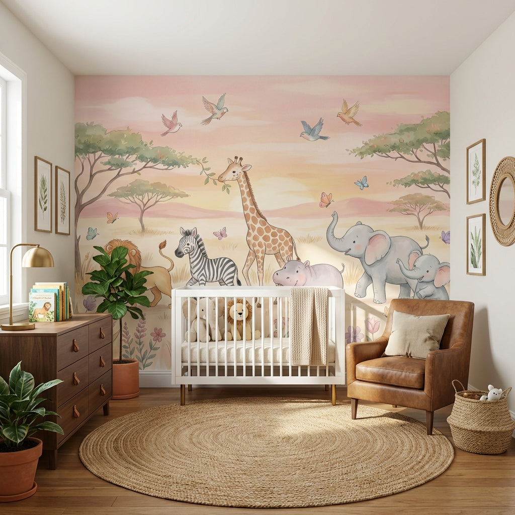 Safari Hayvanlı Poster Duvar Kağıdı Pastel Çocuk Odası Desenli
