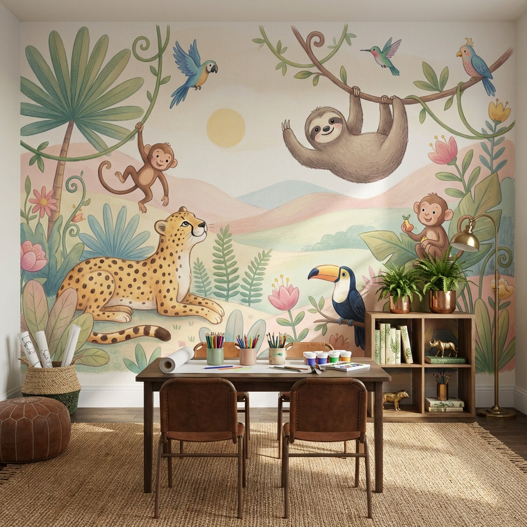 Safari Hayvanlı Poster Duvar Kağıdı Pastel Çocuk Odası Desenli