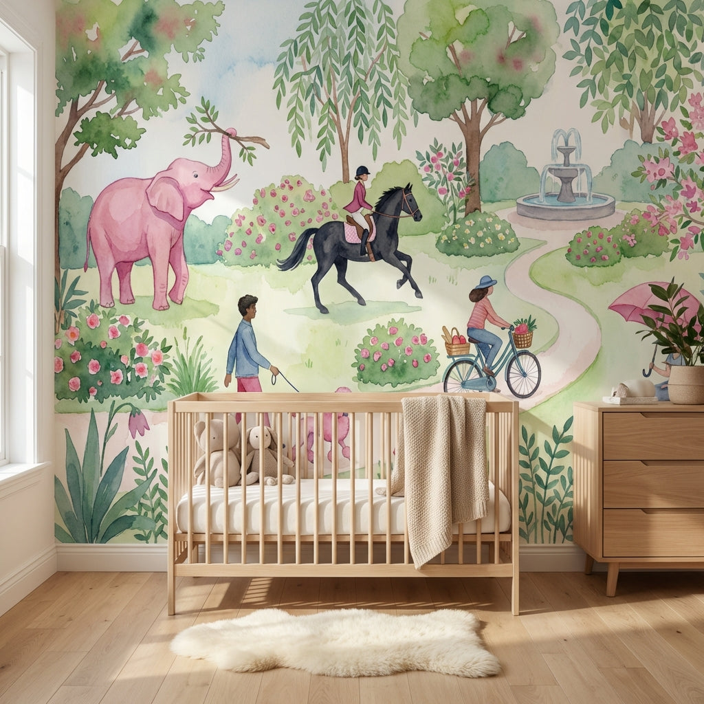 Masalsı Park İllüstrasyonlu Poster Duvar Kağıdı Çocuk Odası Pastel