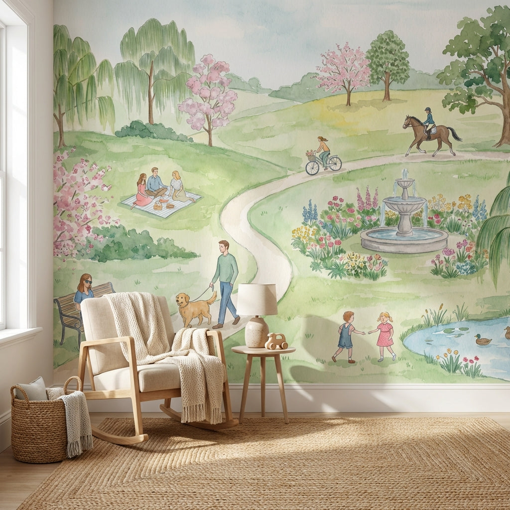 Suluboya Park Manzaralı Poster Duvar Kağıdı Yeşil Çocuk Odası