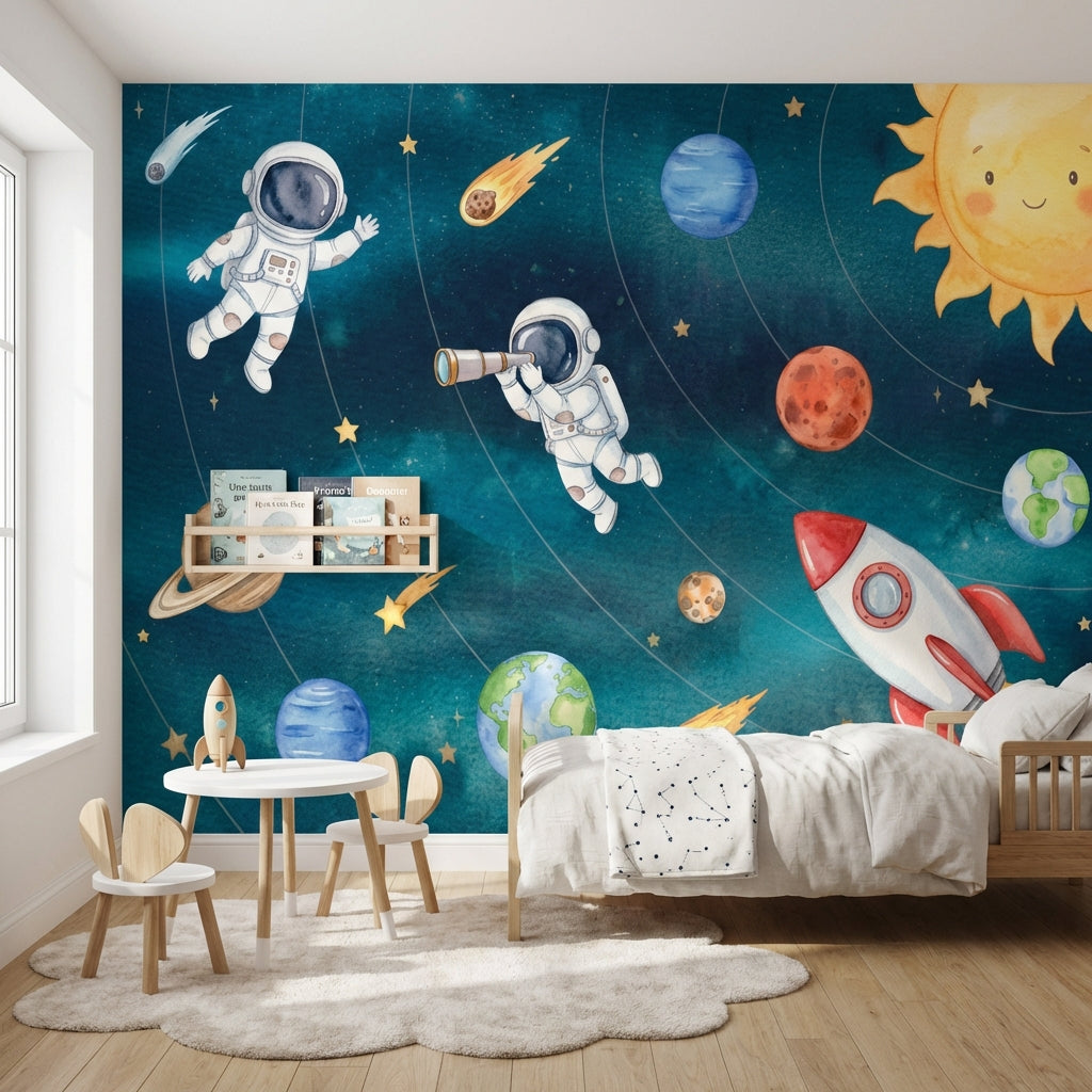 Astronotlu Uzay Poster Duvar Kağıdı Mavi Çocuk Odası