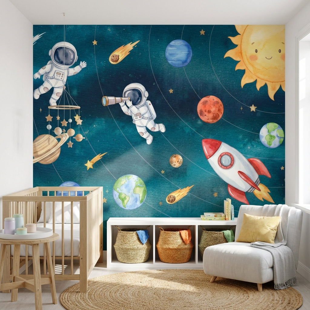 Astronotlu Uzay Poster Duvar Kağıdı Mavi Çocuk Odası