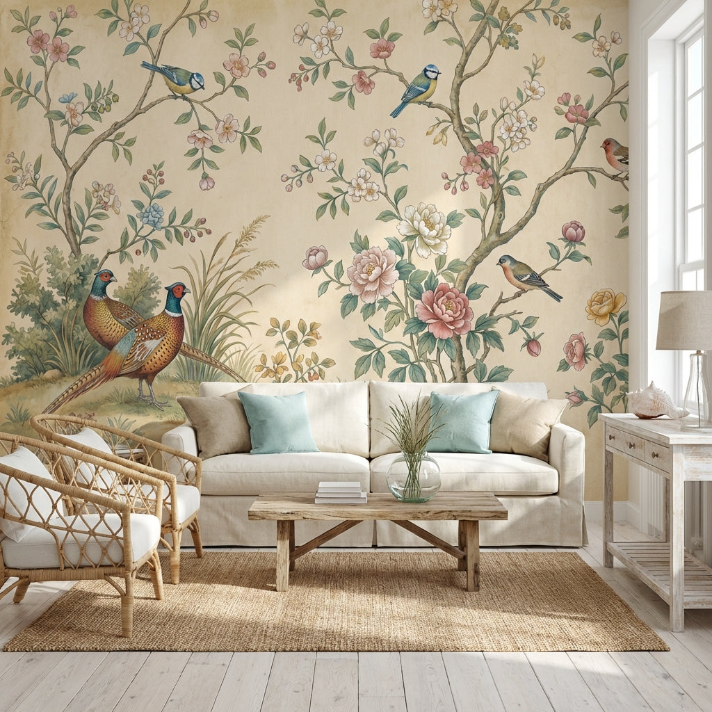 Kuş ve Çiçek Desenli Poster Duvar Kağıdı Krem Salon