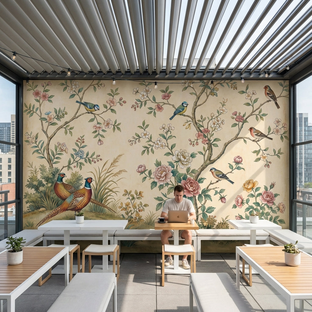 Kuş ve Çiçek Desenli Poster Duvar Kağıdı Krem Salon