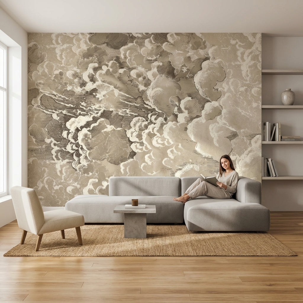 Bej Bulut Desenli Poster Duvar Kağıdı Modern Salon Duvarı
