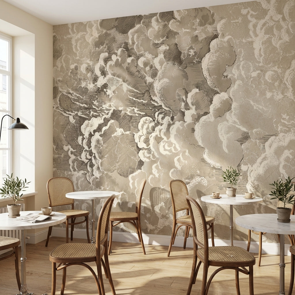 Bej Bulut Desenli Poster Duvar Kağıdı Modern Salon Duvarı