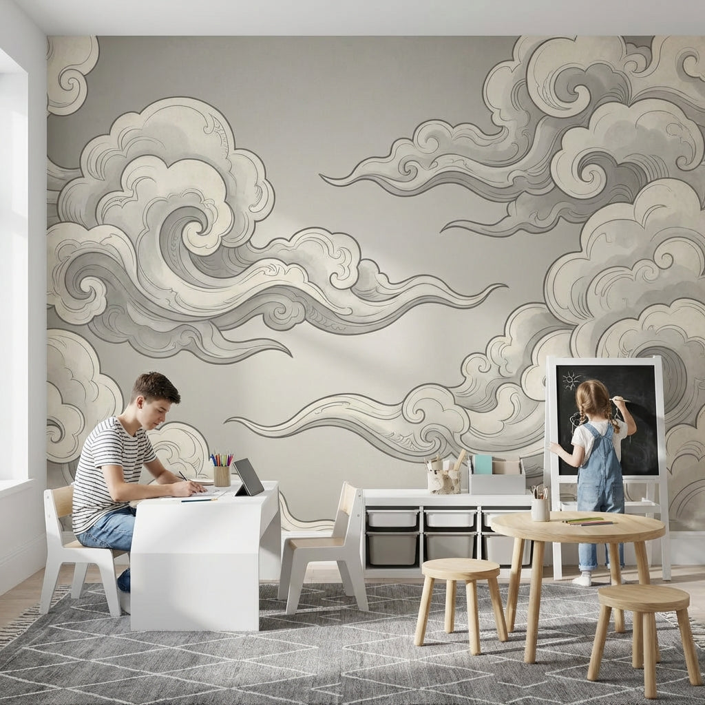 Bulut Desenli Poster Duvar Kağıdı Gri Tonlu Çocuk Odası