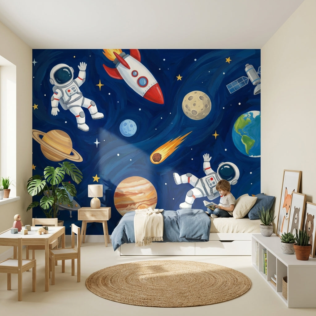 Uzay Temalı Poster Duvar Kağıdı Astronotlu Mavi Çocuk Odası
