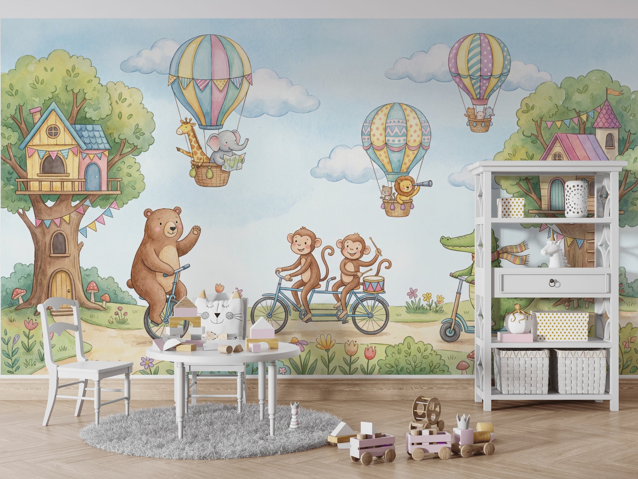 Balonlu Hayvanlar Poster Duvar Kağıdı Pastel Mavi Çocuk Odası