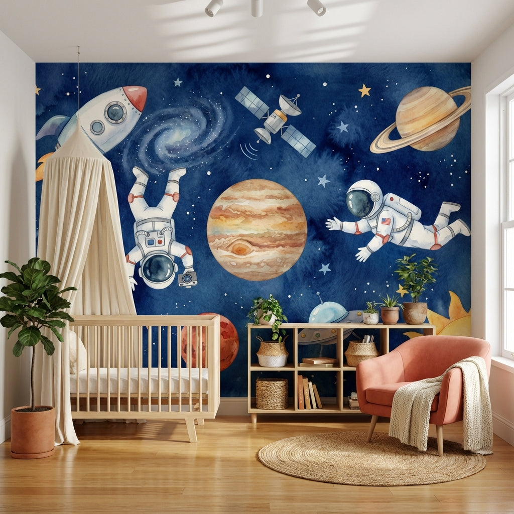 Uzay Astronot ve Gezegenli Poster Duvar Kağıdı Çocuk Odası
