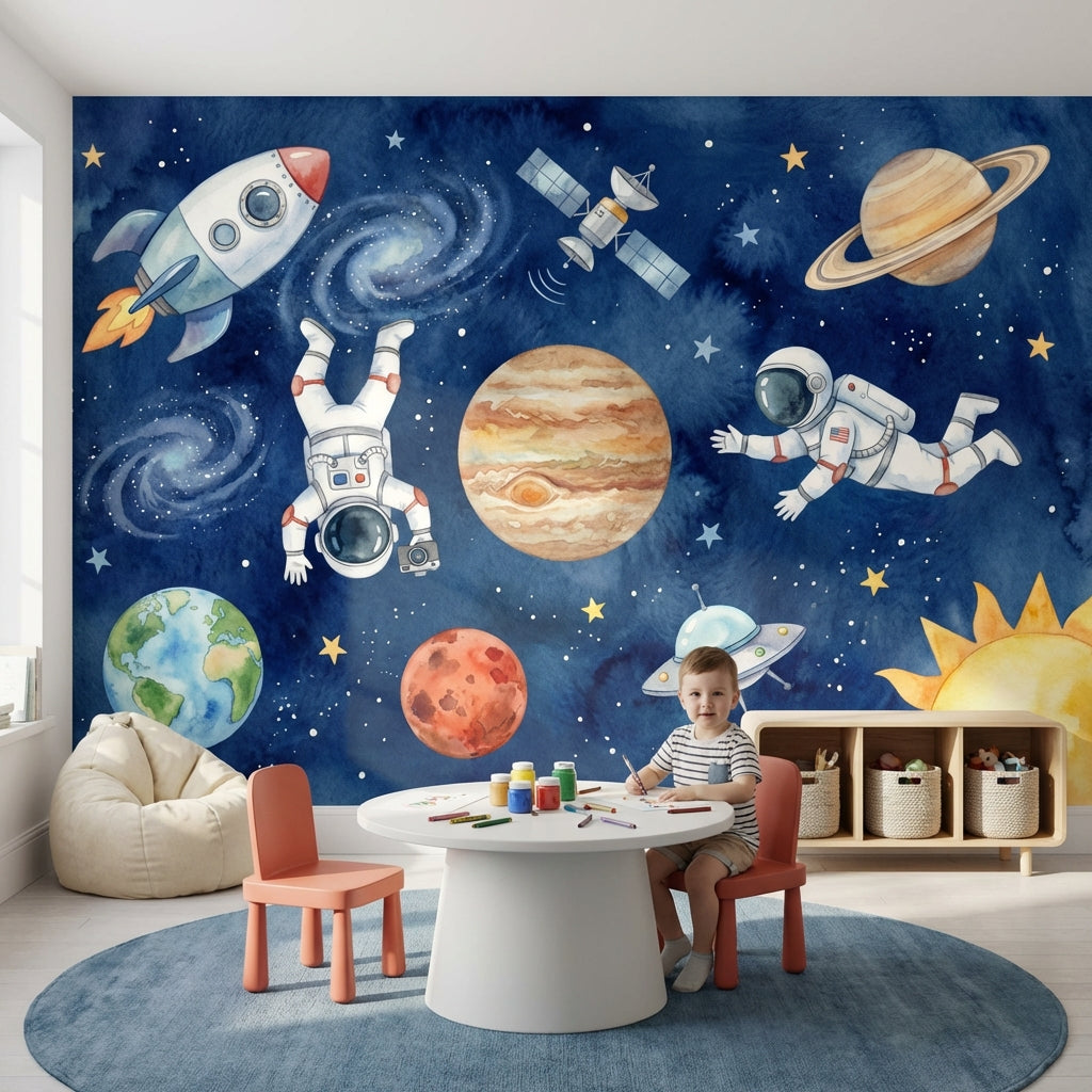 Uzay Astronot ve Gezegenli Poster Duvar Kağıdı Çocuk Odası
