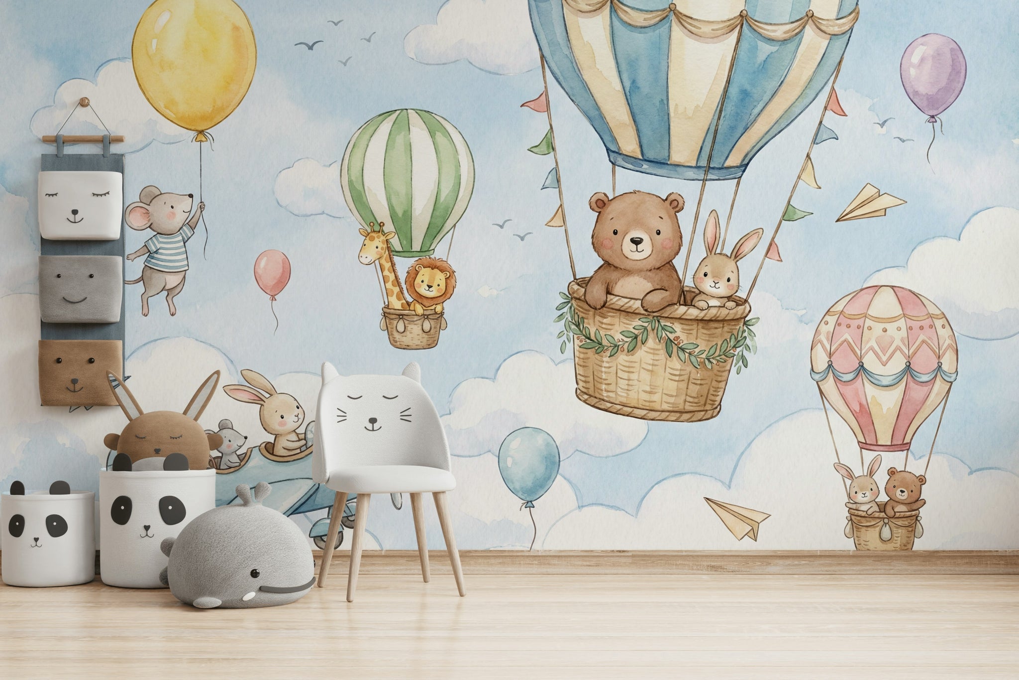 Balonlu Hayvanlar Poster Duvar Kağıdı Pastel Mavi Çocuk Odası