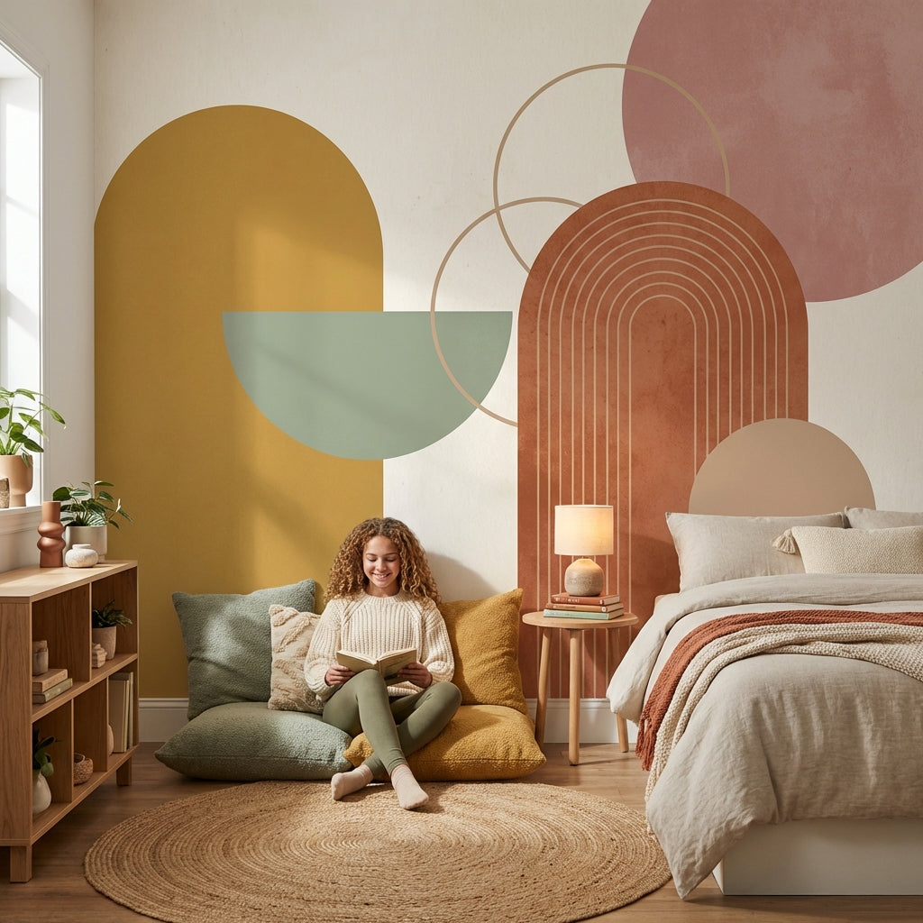 Modern Geometrik Poster Duvar Kağıdı Terracotta Tonlu Yatak Odası