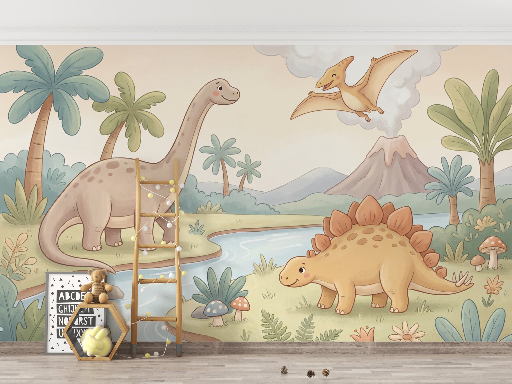 Dinozor Ormanı Poster Duvar Kağıdı Pastel Yeşil Çocuk Odası