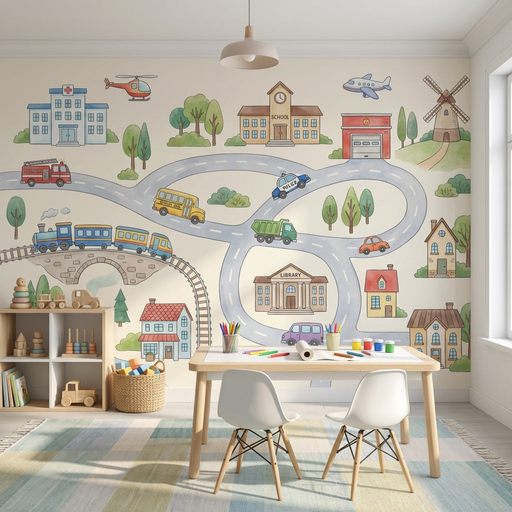 Çocuk Şehirli Araçlar Poster Duvar Kağıdı Pastel Oyun Odası