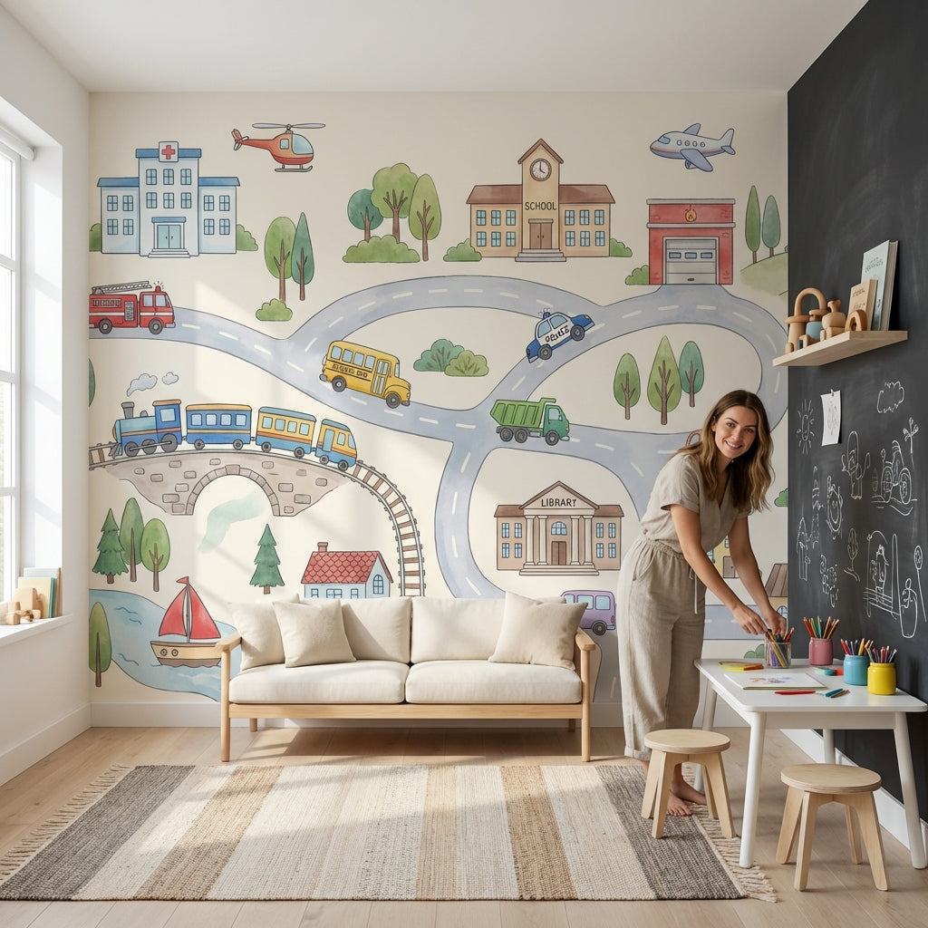 Çocuk Şehirli Araçlar Poster Duvar Kağıdı Pastel Oyun Odası