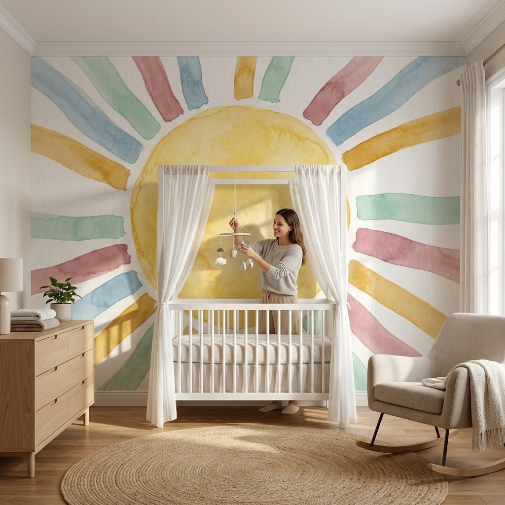 Renkli Gökkuşağı ve Güneş Poster Duvar Kağıdı Bebek Odası