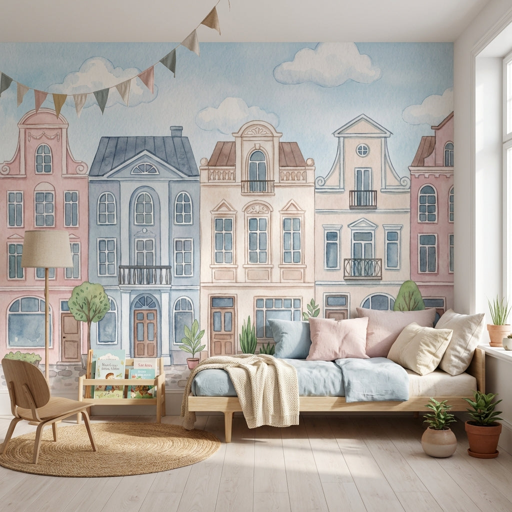 Pastel Şehir Evleri Poster Duvar Kağıdı Çocuk Odası