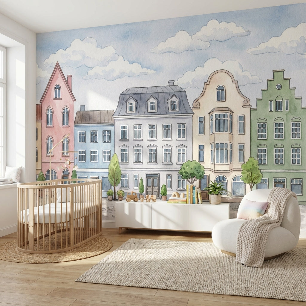 Pastel Şehir Evleri Poster Duvar Kağıdı Çocuk Odası