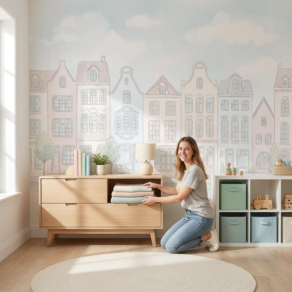 Pastel Şehir Evleri Poster Duvar Kağıdı Çocuk Odası Duvar Muralı
