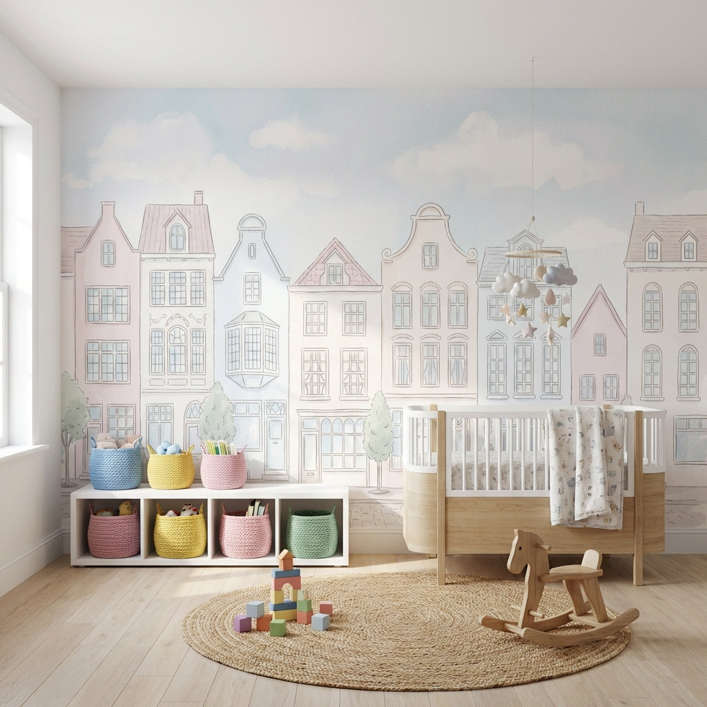 Pastel Şehir Evleri Poster Duvar Kağıdı Çocuk Odası Duvar Muralı