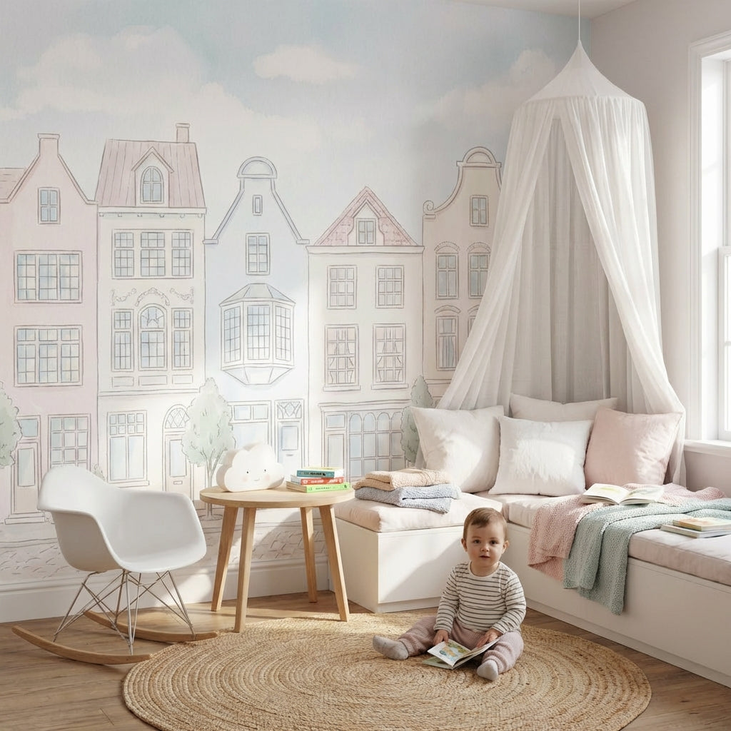 Pastel Şehir Evleri Poster Duvar Kağıdı Çocuk Odası Duvar Muralı
