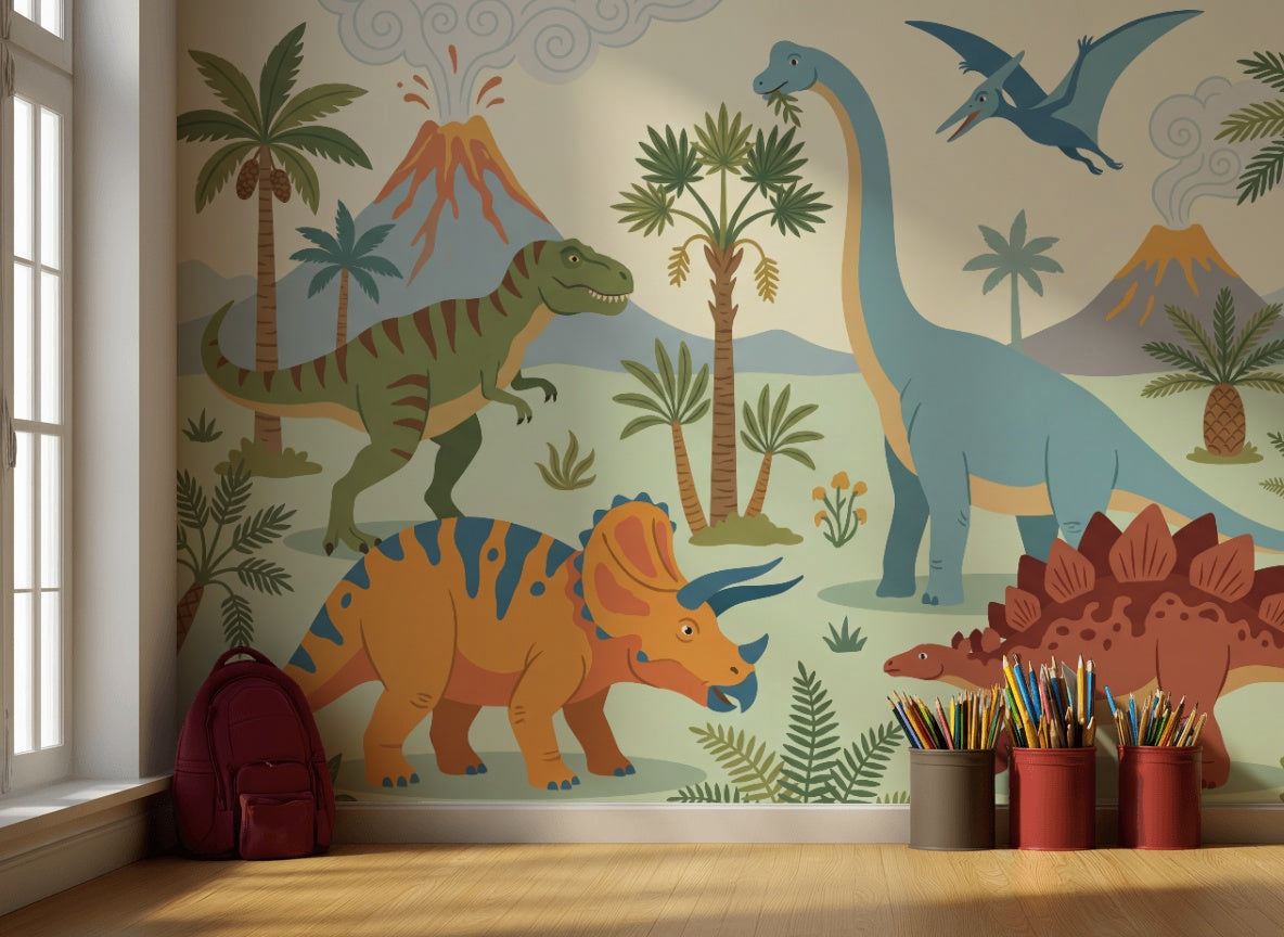 Dinozor Temalı Poster Duvar Kağıdı Pastel Yeşil Çocuk Odası
