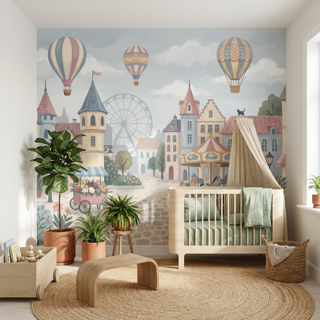 Balonlu Lunapark Şehir Manzarası Poster Duvar Kağıdı Çocuk Odası
