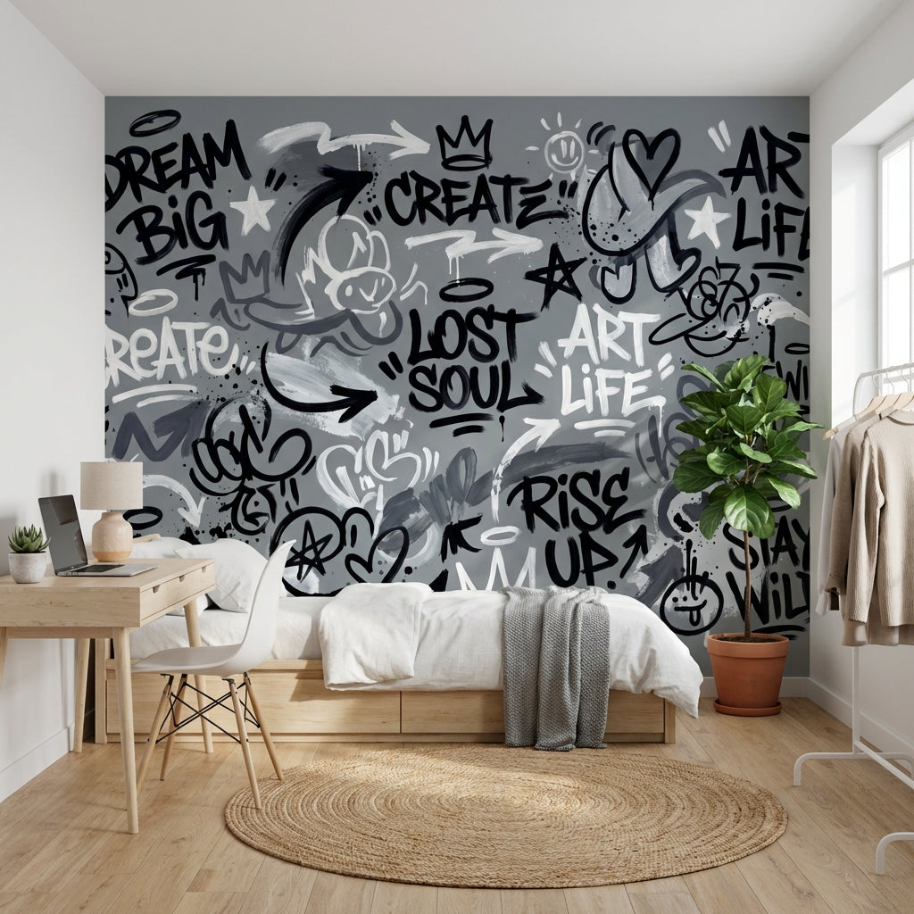 Gri Graffiti Yazılı Poster Duvar Kağıdı Genç Odası Dekoru