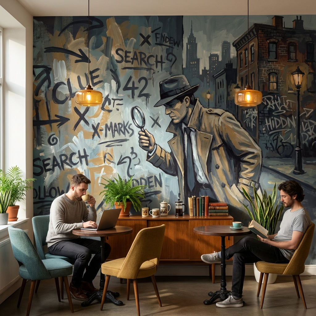 Dedektif Temalı Poster Duvar Kağıdı Siyah Turuncu Kafe Duvarı
