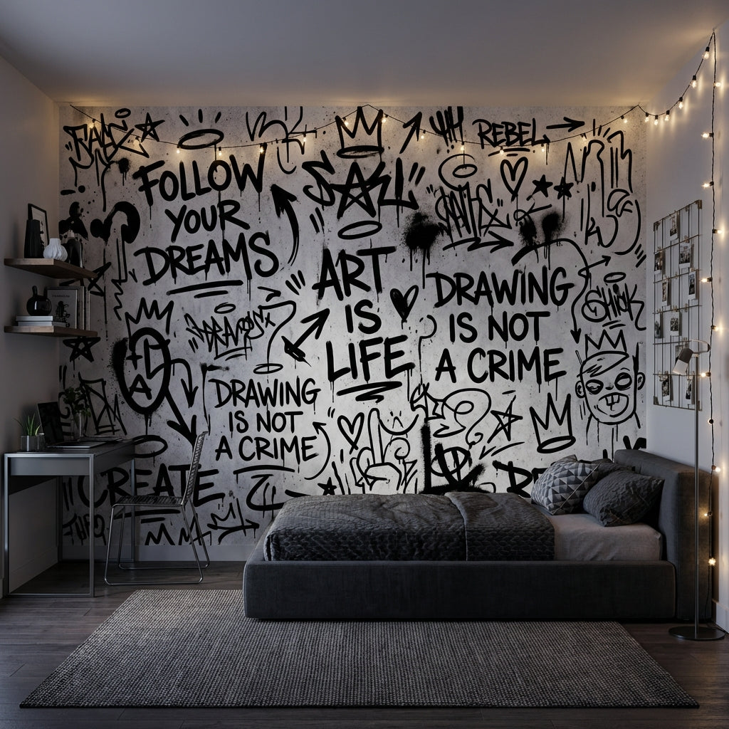 Graffiti Yazılı Poster Duvar Kağıdı Siyah Beyaz Genç Odası